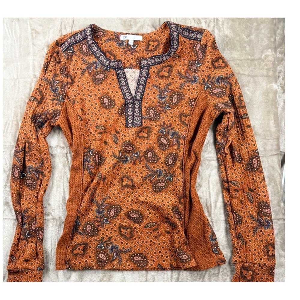 DR2 Burnt Orange Paisley Thermal Waffle‎ Knit Top M Boho Rustic Cottagecore
